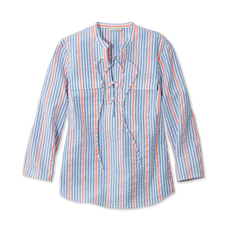 米国フィット・レギュラー シグネチャー・レース・アップ・シアサッカー・シャツ、ストライプ