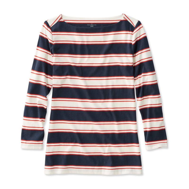 米国フィット・レギュラー シグネチャー・コットン/モダール・ボートネック・ティ、7分丈袖 ストライプ