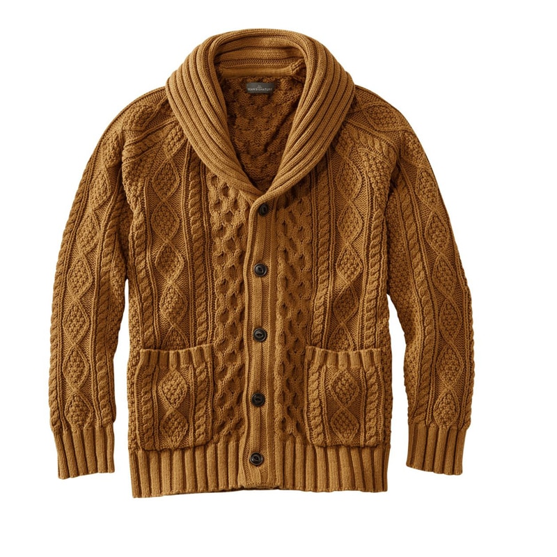 米国フィット・レギュラー シグネチャー・コットン・フィッシャーマン・セーター、ショール・カラー カーディガン