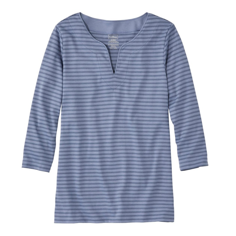 米国フィット・レギュラー ピマ・コットン・ティ、7分丈袖 スプリットネック チュニック ストライプ