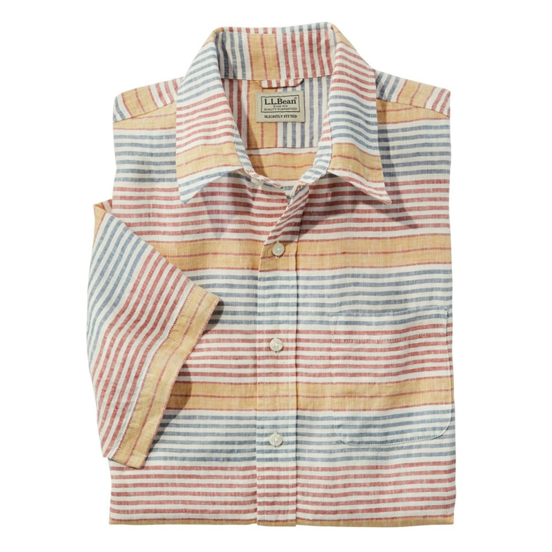 ジャパン・フィット エル・エル・ビーン・リネン・シャツ、半袖 ストライプ