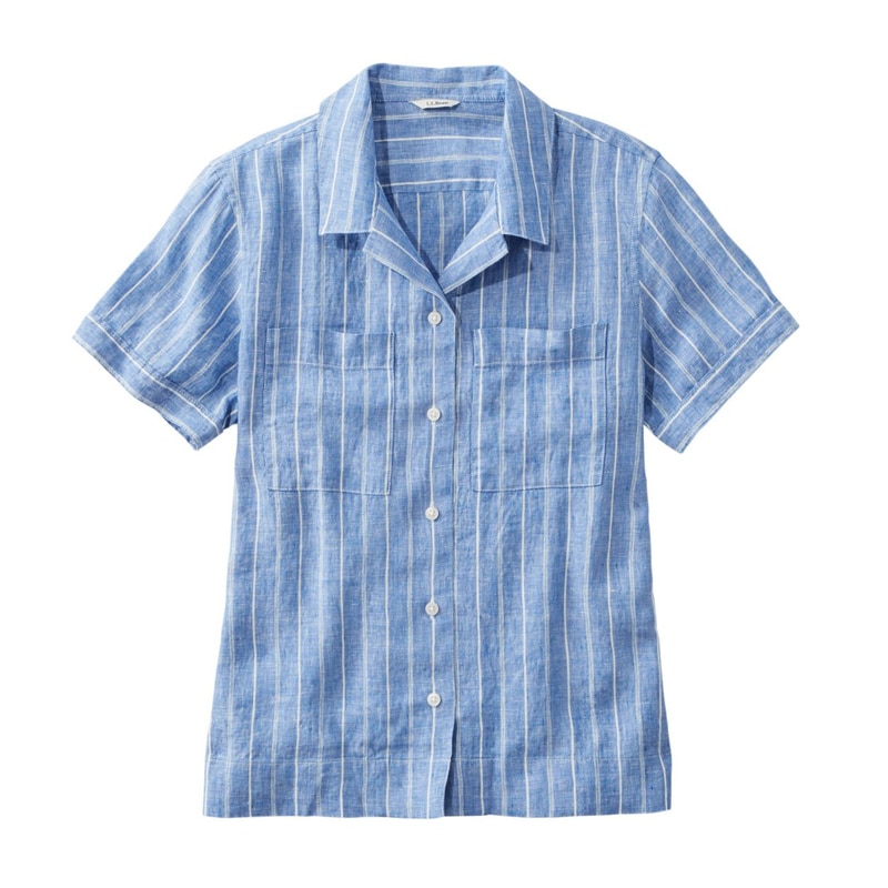 ジャパン・フィット プレミアム・ウォッシャブル・リネン・キャンプ・シャツ、半袖 ストライプ