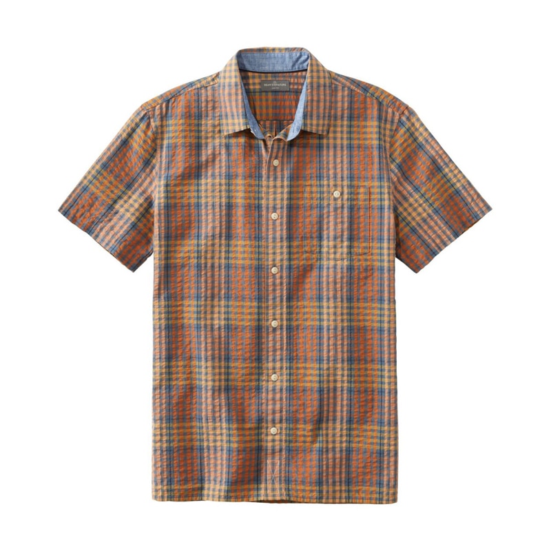 米国フィット・レギュラー シグネチャー・シアサッカー・シャツ、半袖