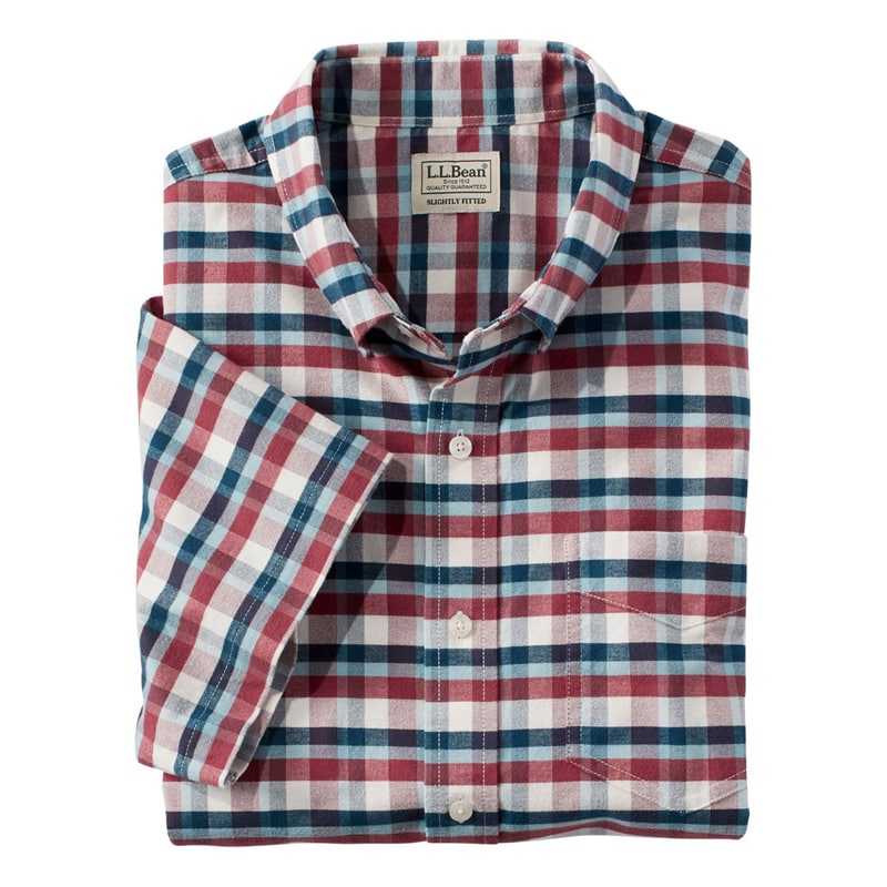 米国フィット・レギュラー コンフォート・ストレッチ・オックスフォード・シャツ、スライトリー・フィット 半袖 プラッド