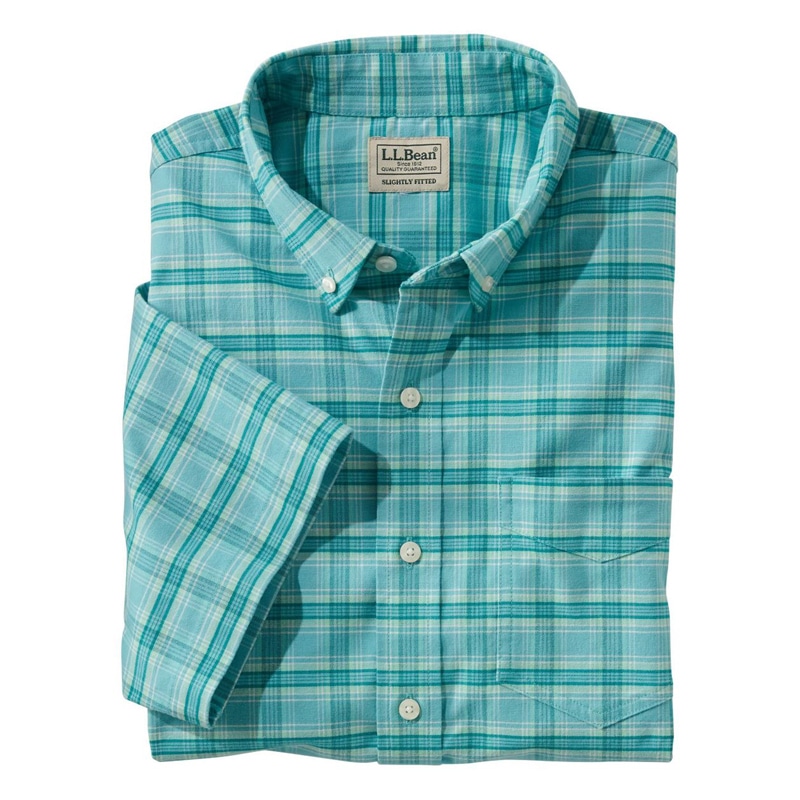 米国フィット・レギュラー コンフォート・ストレッチ・オックスフォード・シャツ、スライトリー・フィット 半袖 プラッド