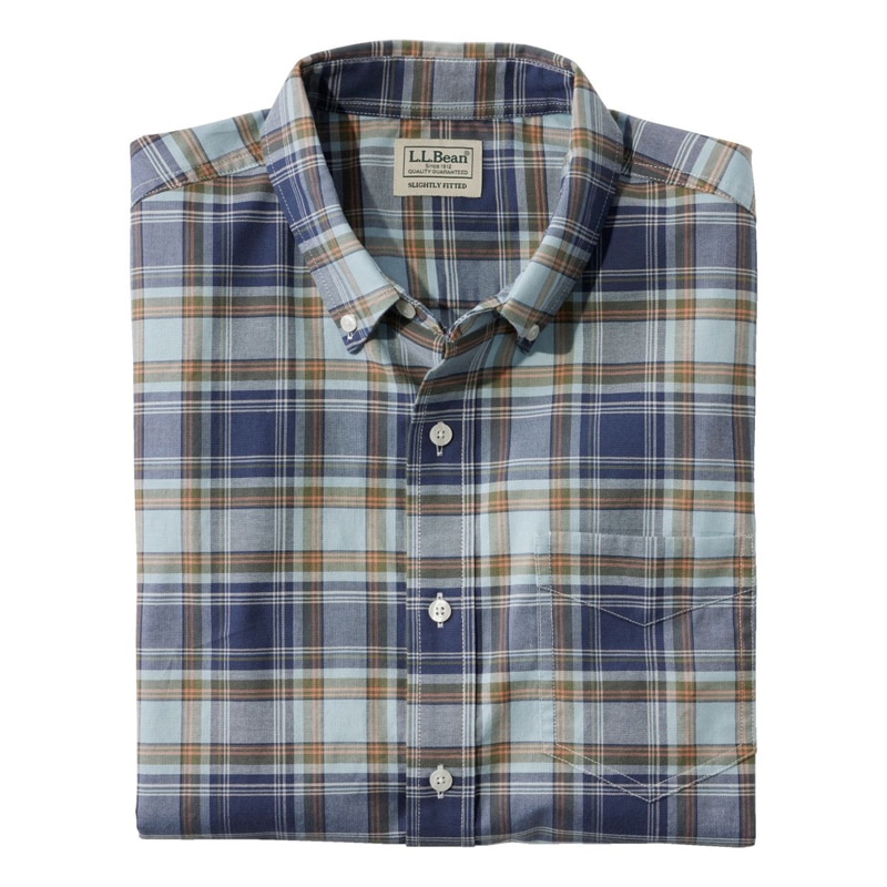 米国フィット・レギュラー コンフォート・ストレッチ・オックスフォード・シャツ、スライトリー・フィット 半袖 プラッド