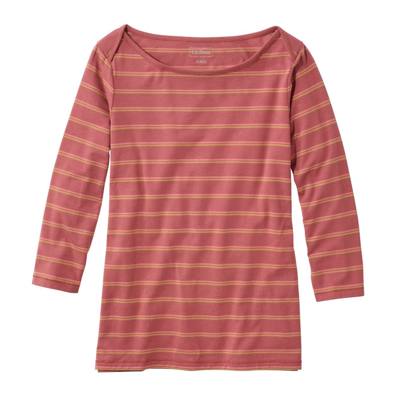 米国フィット・レギュラー ソフト・ストレッチ・スーピマ・ティ、7分丈袖 ボートネック ストライプ