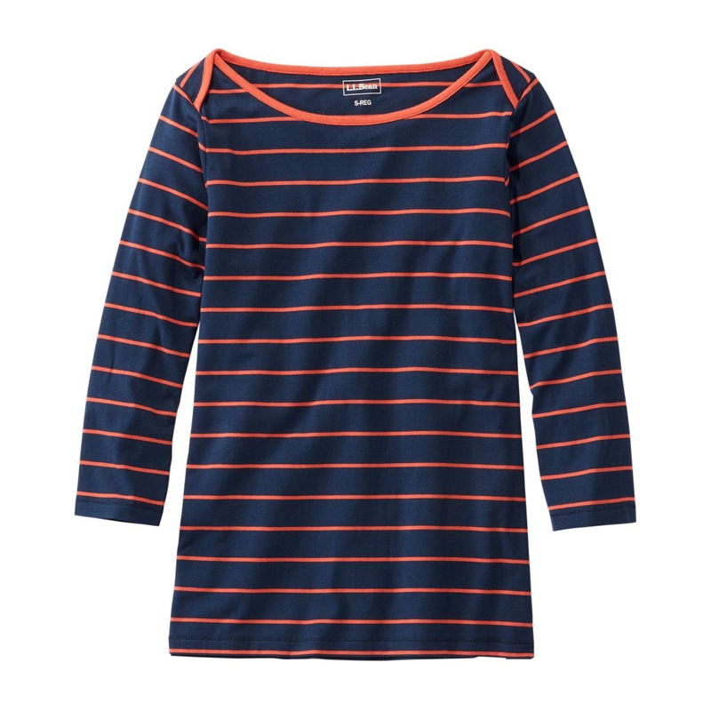 米国フィット・レギュラー ソフト・ストレッチ・スーピマ・ティ、7分丈袖 ボートネック ストライプ