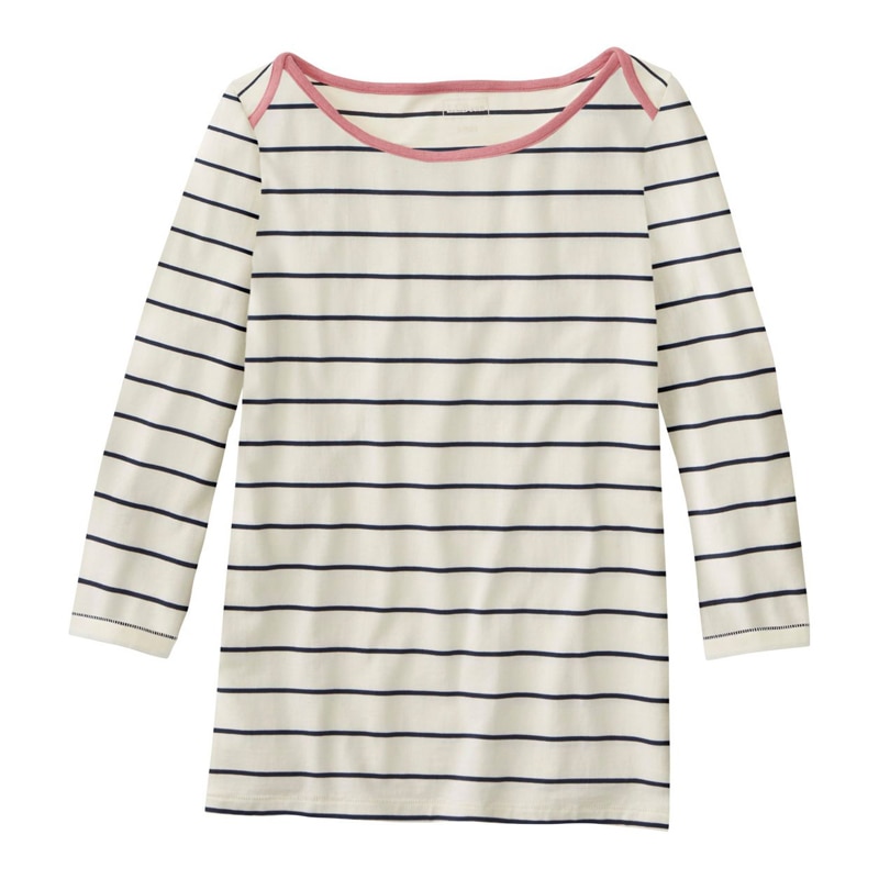 米国フィット・レギュラー ソフト・ストレッチ・スーピマ・ティ、7分丈袖 ボートネック ストライプ