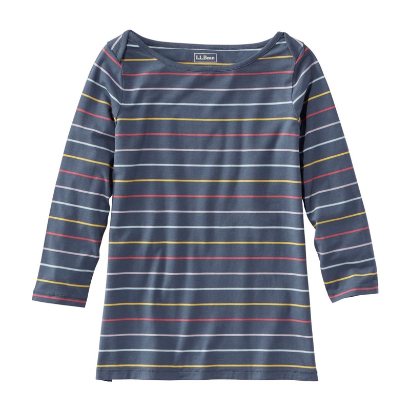 米国フィット・レギュラー ソフト・ストレッチ・スーピマ・ティ、7分丈袖 ボートネック ストライプ