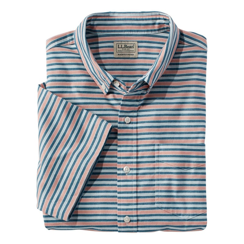 米国フィット・レギュラー コンフォート・ストレッチ・オックスフォード・シャツ、スライトリー・フィット 半袖 ストライプ