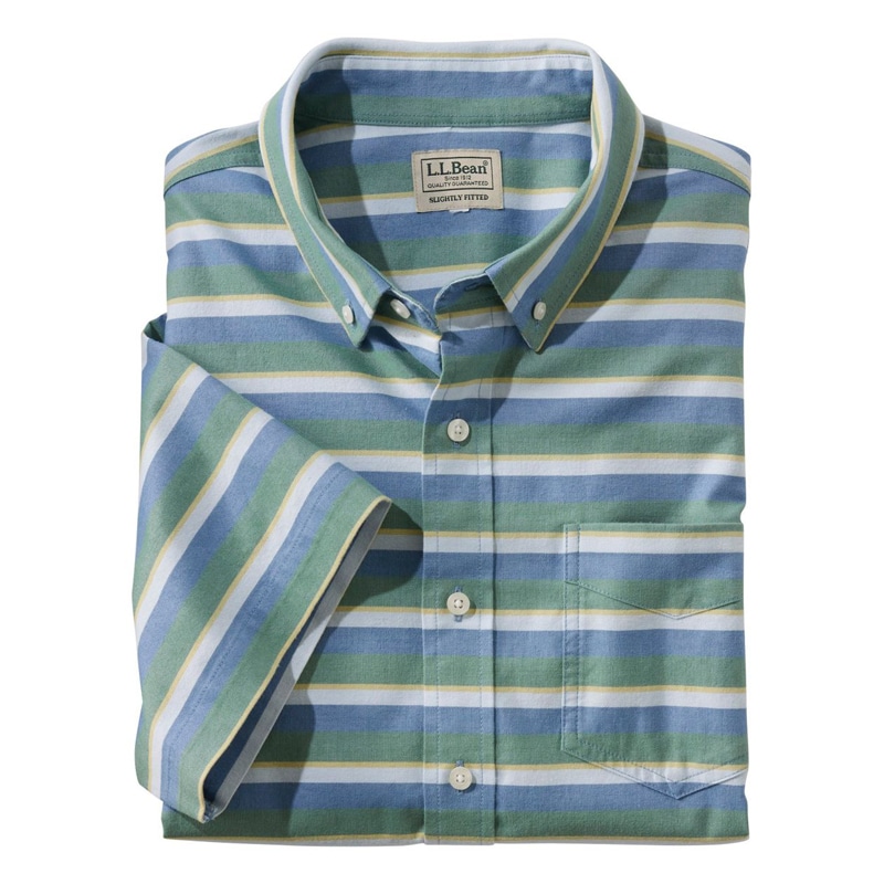 米国フィット・レギュラー コンフォート・ストレッチ・オックスフォード・シャツ、スライトリー・フィット 半袖 ストライプ
