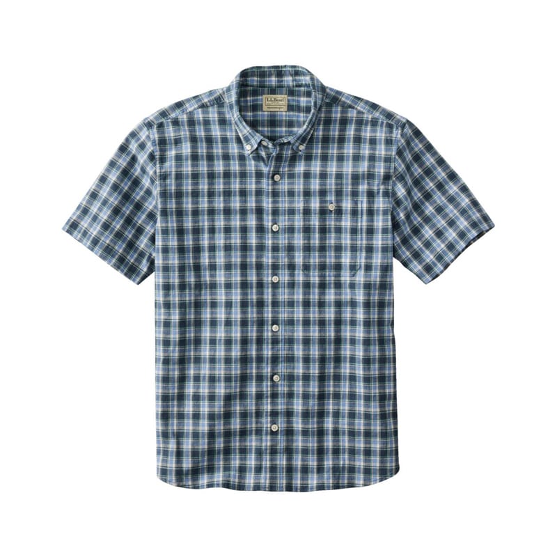 ジャパン・フィット コンフォート・ストレッチ・シャンブレー・シャツ、トラディショナル・フィット 半袖 プラッド