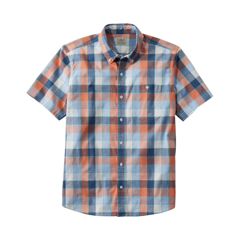 米国フィット・レギュラー コンフォート・ストレッチ・シャンブレー・シャツ、スライトリー・フィット　半袖　プラッド