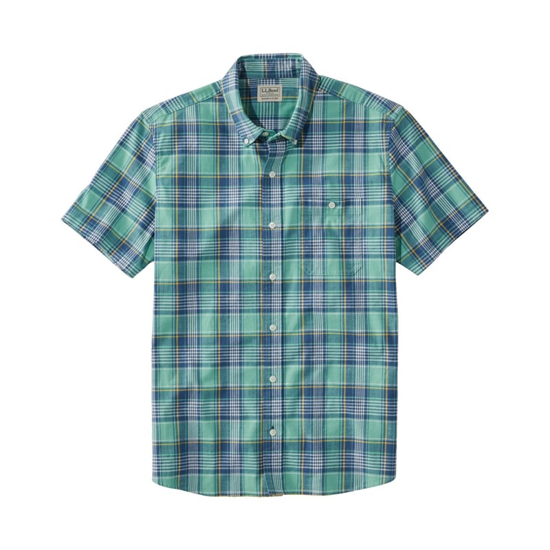 米国フィット・レギュラー コンフォート・ストレッチ・シャンブレー・シャツ、スライトリー・フィット　半袖　プラッド