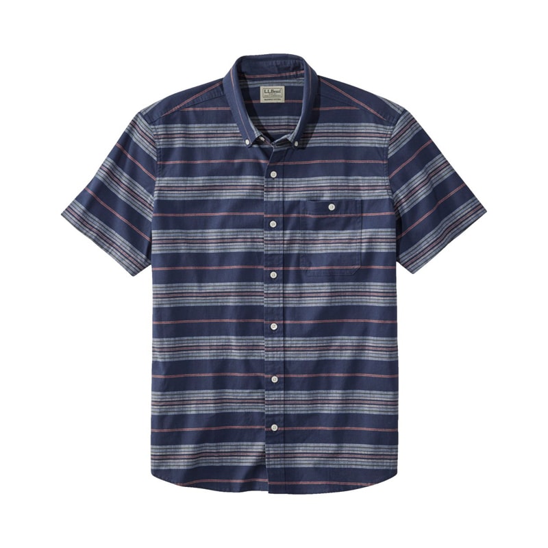 米国フィット・レギュラー コンフォート・ストレッチ・シャンブレー・シャツ、スライトリー・フィット　半袖　ストライプ